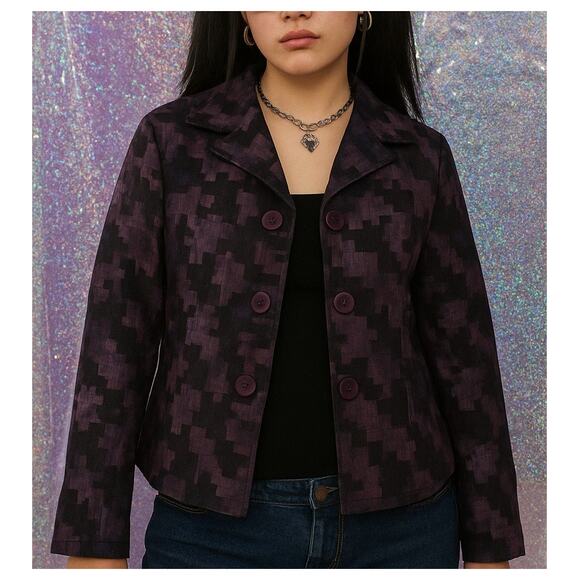 Vintage Y2K 90s Linen Jacket Womens Small All Over Print Purple Fairy Rave Disco - Picture 1 of 11